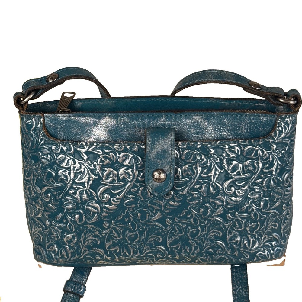Patricia Nash Tooled Floral Crossbody Bag Turquoise W/ Silver Accents Push Lock